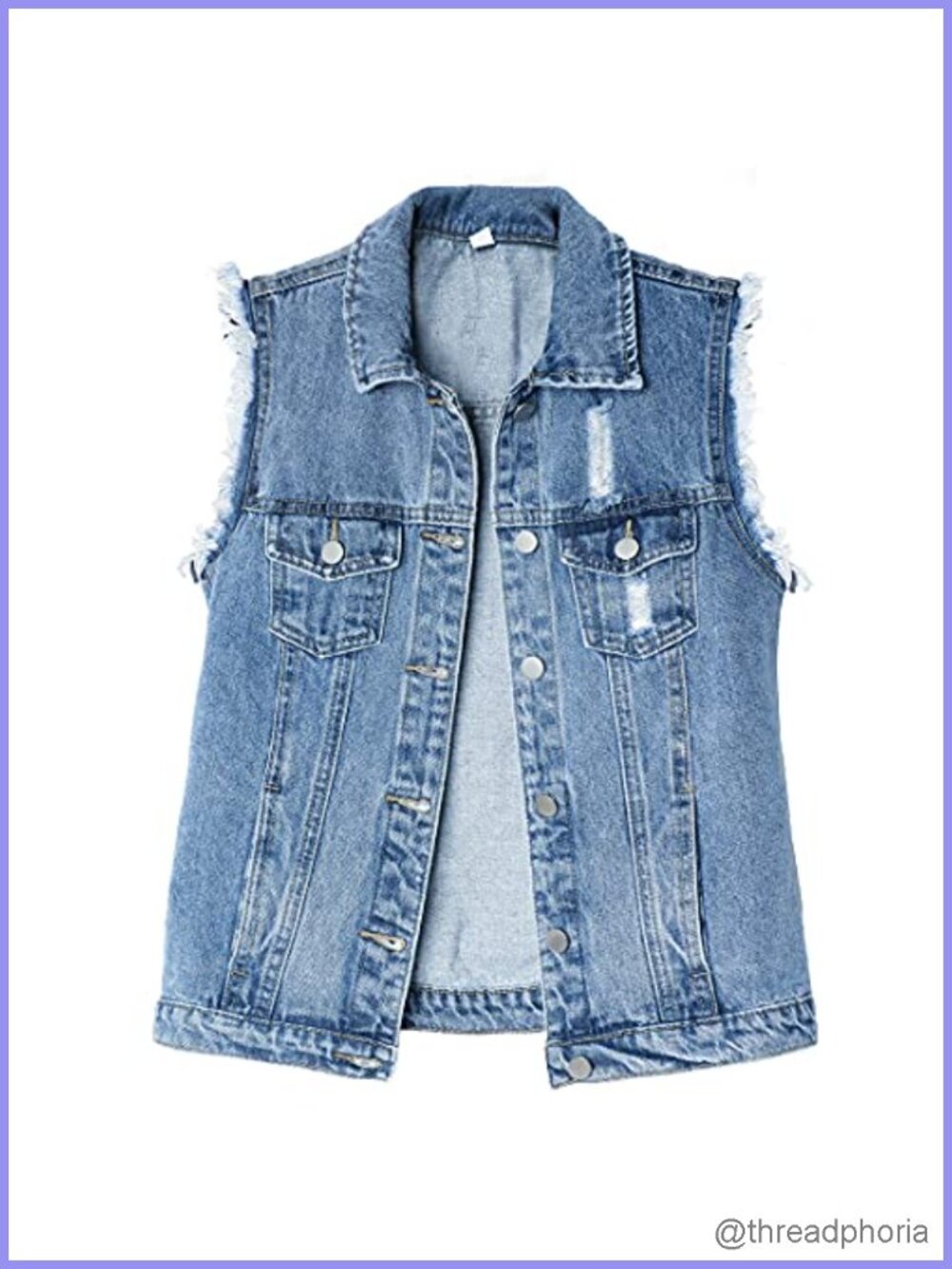 Slim Button Up Denim Vest Frayed Raw Hem Sleeveless Jean Waistcoat